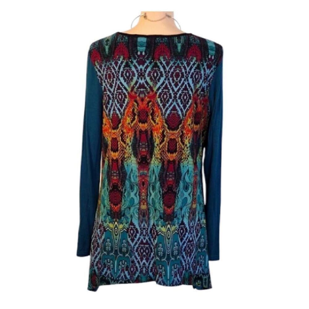 VTG Turquoise Multimedia Patchwork Long Sleeve Fa… - image 11